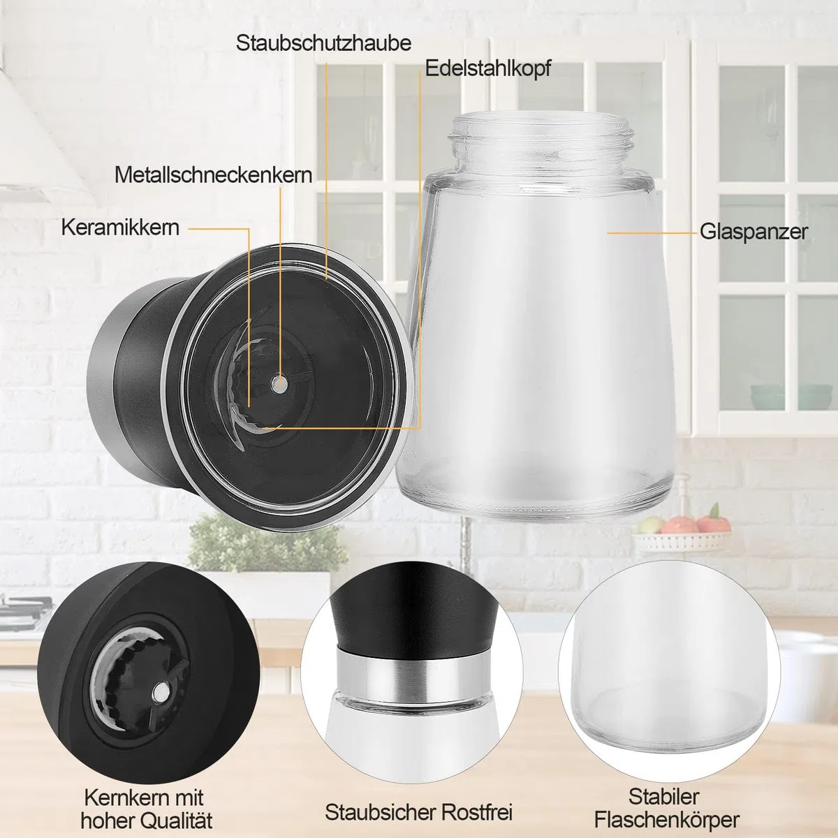 6er Set Gewürzmühlen Manuell, Salz- und Pfeffermühlen aus, Transparent mit Keramikmahlwerk und Abdeckung (180ML Fassungsvermögen)