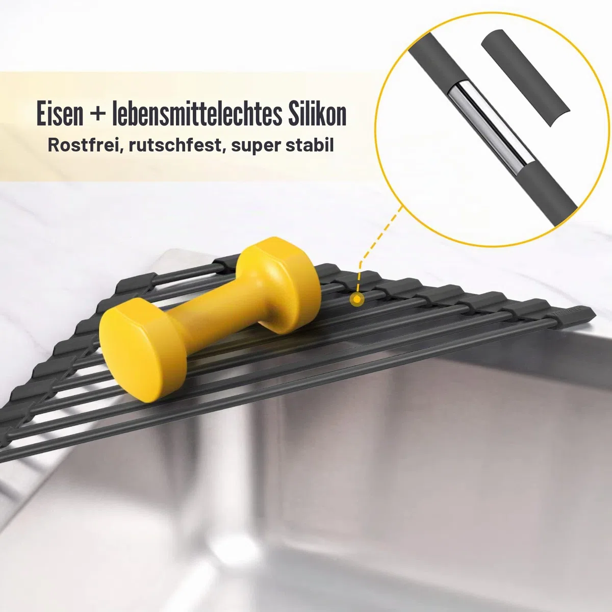Tomorotec Kleines dreieckiges aufrollbares Abtropfgestell mit Silikonbeschichtung, Edelstahlrahmen für Spülbeckenecken, Mehrzweck-Abtropfgestell für die Küche und Organizer für platzsparende