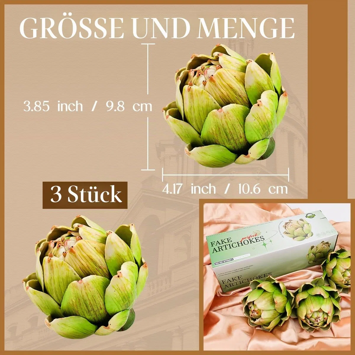 3 Stück groß grüne fauxe Artischocke Dekor, realistische künstliches Obst,künstliches Gemüse und künstliches Früchte für Dekorationen