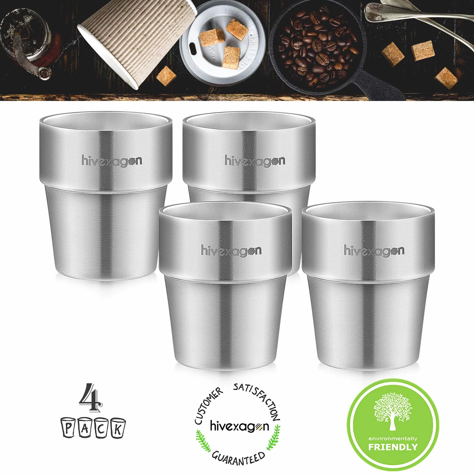 Hivexagon 300ml Set aus 4 Doppelwandigen Edelstahl becher edelstahl tasse- Ideal Für Kalte Getränke - Spülmaschinenfest HG515