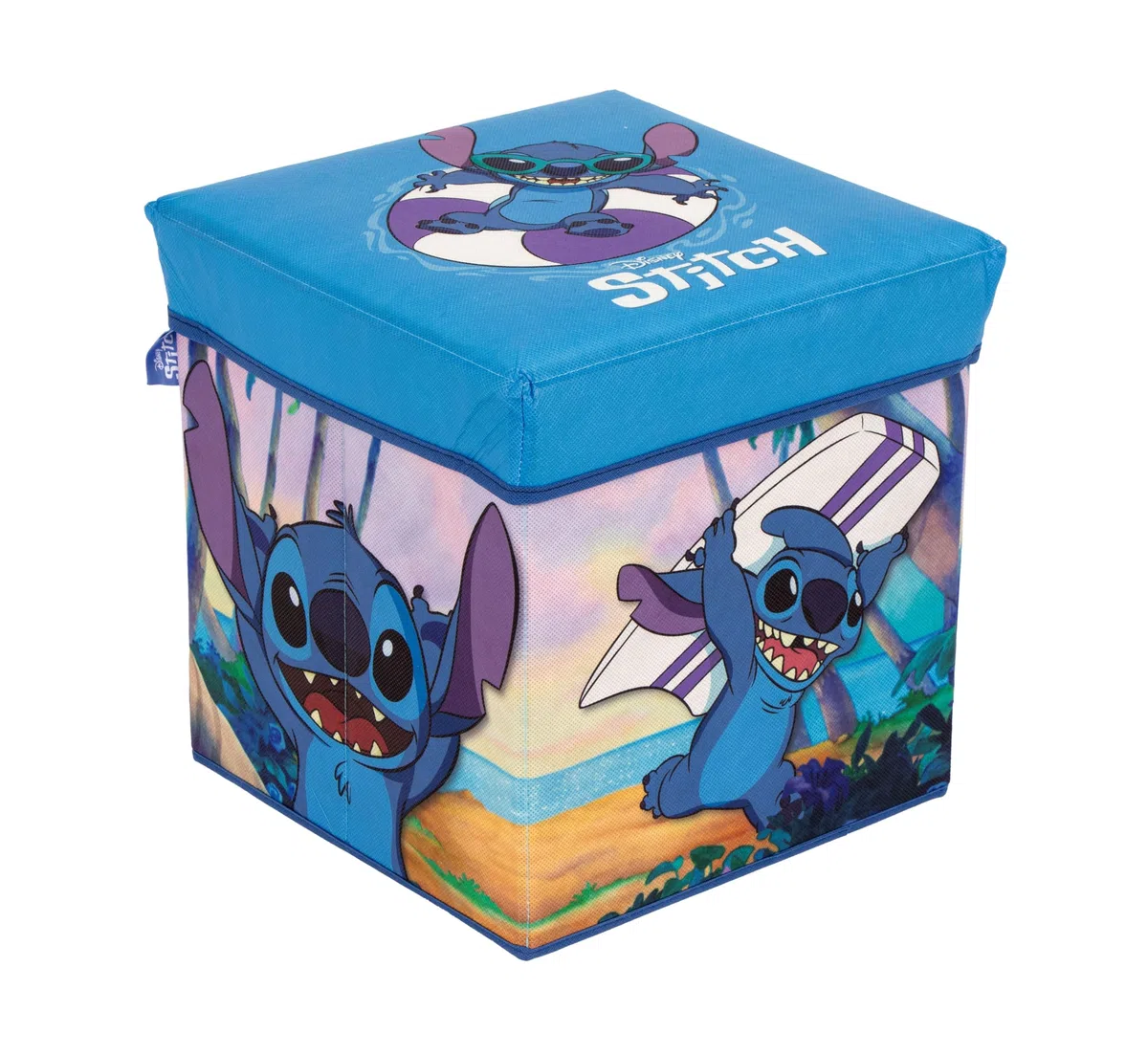 Superdiver - Aufbewahrungsbox und Hocker Stitch - Offizielle Lizenz Disney - 30x30x30 cm - Faltbarer Pouf mit gepolstertem Deckel - Spielzeug-Organizer