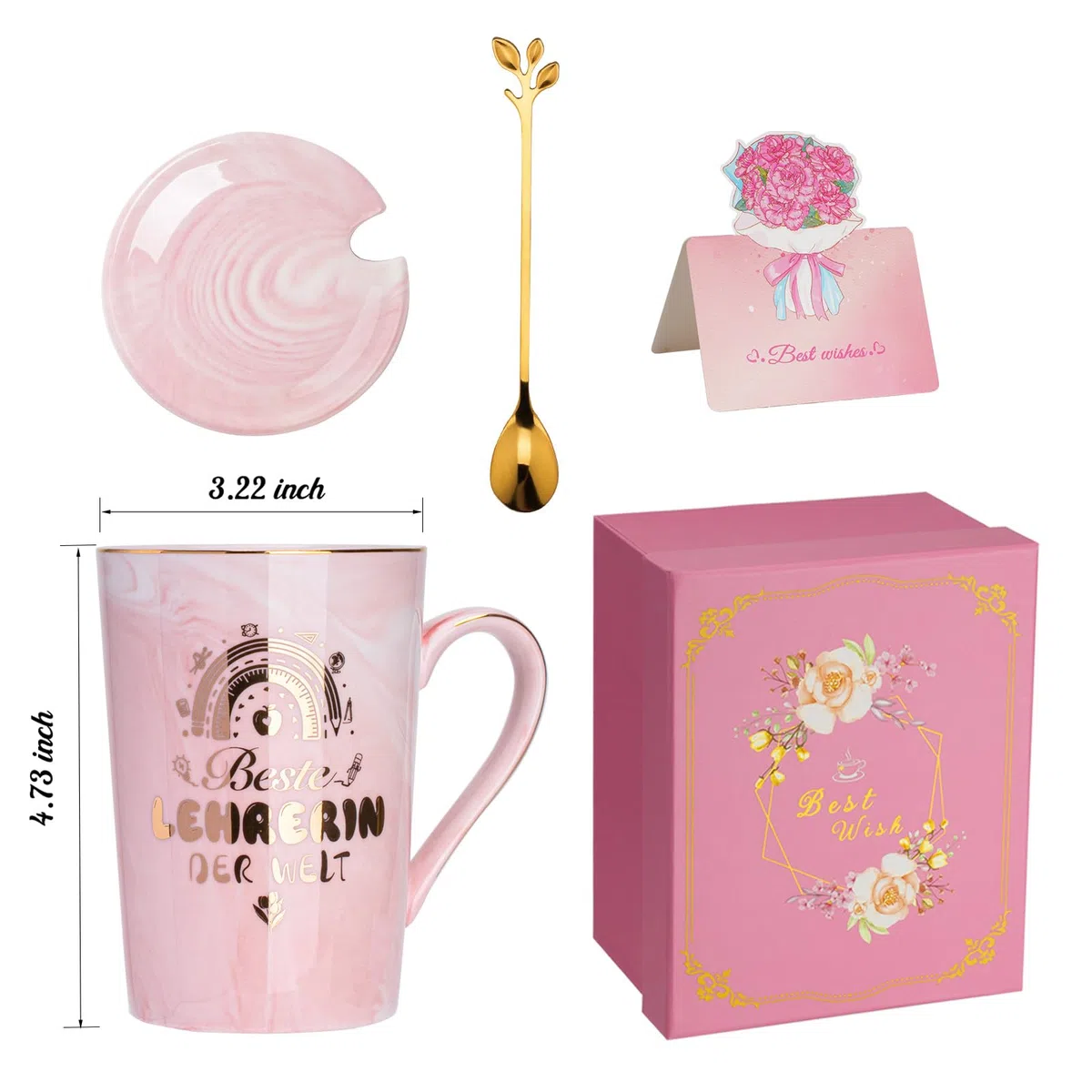 Abschiedsgeschenk Erzieherin, Abschiedsgeschenk Lehrerin, Tasse - Geschenk Erzieherin Abschied Lehrerin Geschenk Marmor Keramiktasse 400ml, mit Goldaufdruck, Deckel, Löffel, Grußkarte, Geschenkbox