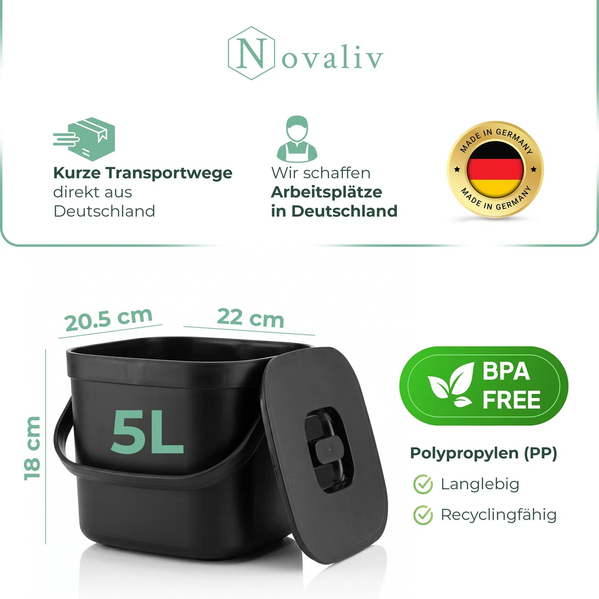 Novaliv Bio-Tischmülleimer 5L Schwarz mit Sieb, Komposteimer Küche mit Klappdeckel & Tragegriff, Biomülleimer klein & hängend für Schranktür, BPA-frei, stapelbar
