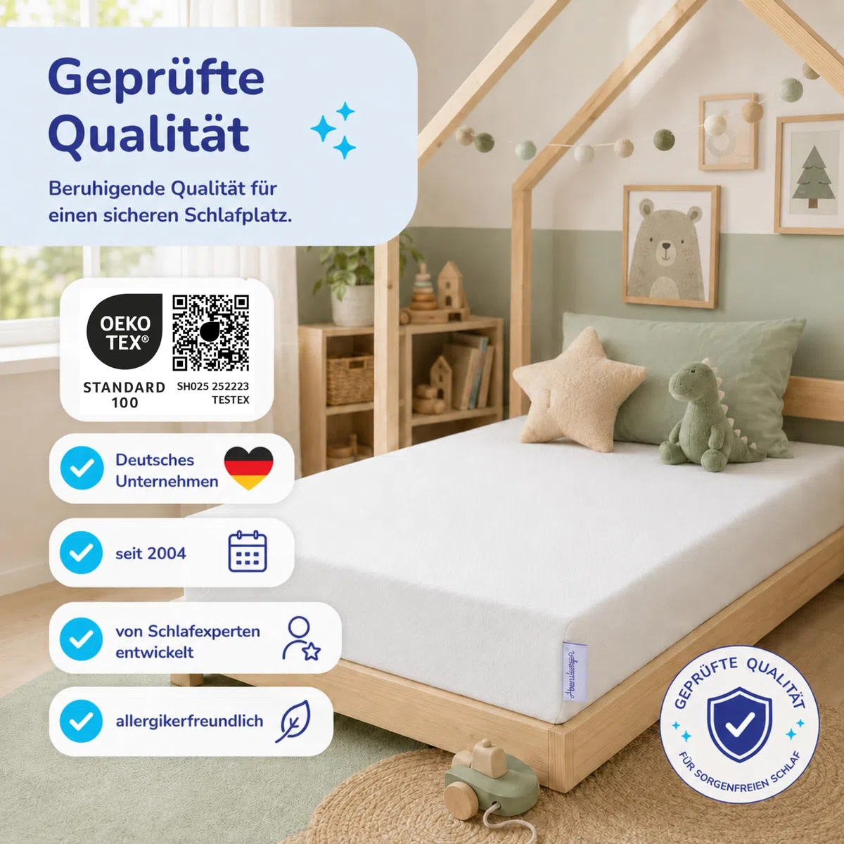 Arensberger Kindermatratze Babymatratze Nora | 60x120cm Höhe 12cm | Bezug waschbar & abnehmbar | punktelastischer Gelschaum | Jugend-matratze, allergiker freundlich Premium Bezug | Öko-Tex zertifizert