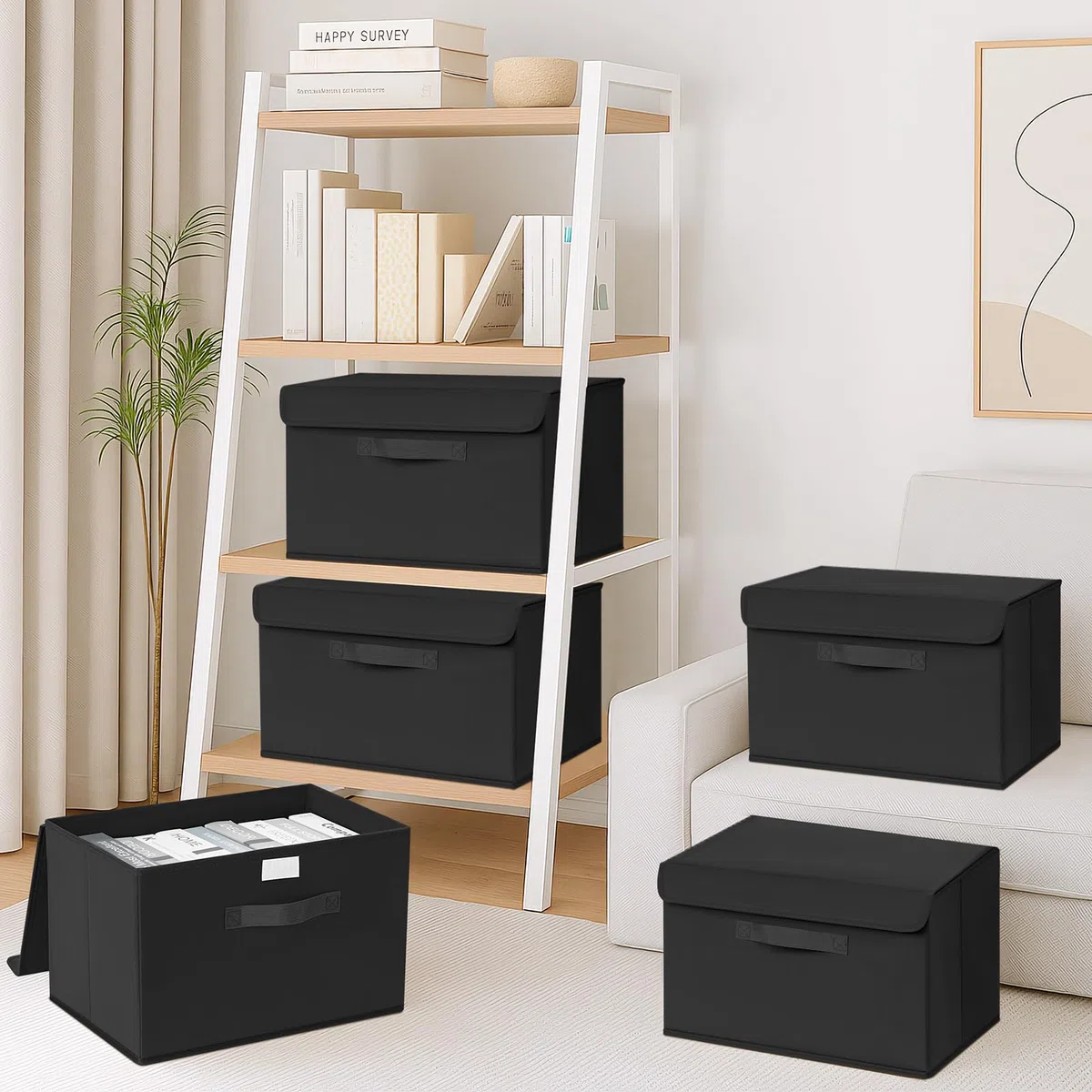 Homsorout Aufbewahrungsboxen mit Deckel, 38x25x25cm, Schwarz, 4er Set | Aufbewahrungskorb Stoff Faltbare, Ordnungsboxen Kleiderschrank Organizer, Für Kleidung, Schrank, Würfelregal, Socken