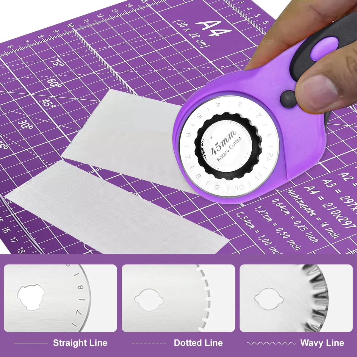 SAMISO Drehschneider-Set, Rotationsschneider, Schneidematte, A4, Rotationsschneider, Ersatzklingen, Patchwork-Lineal, Drehmesser für Stoff, Leder, Scrapbooking