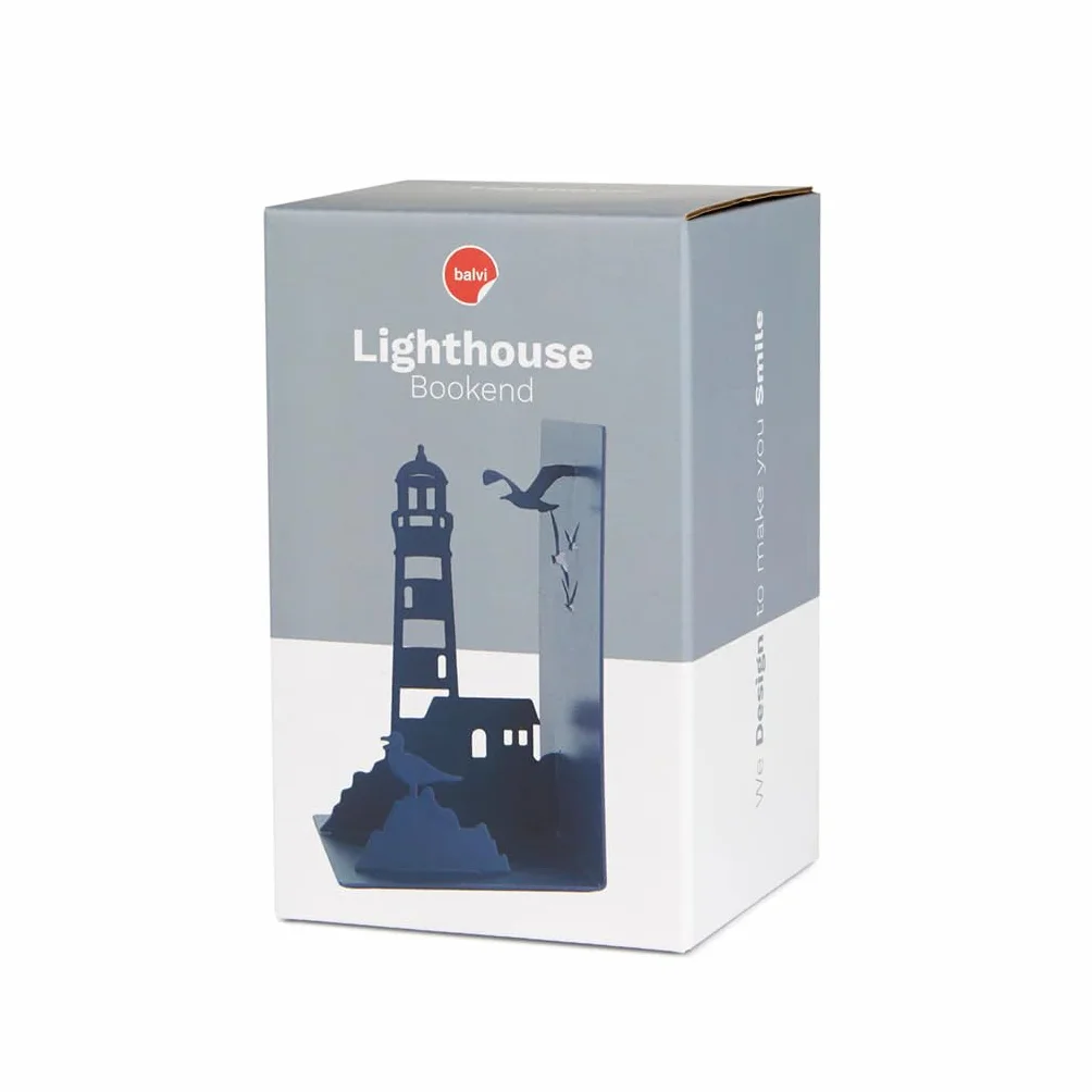 Balvi Buchstützen Lighthouse Farbe Blau Klassischer Ausblick auf die Küste: Leuchtturm und Möwen Meta