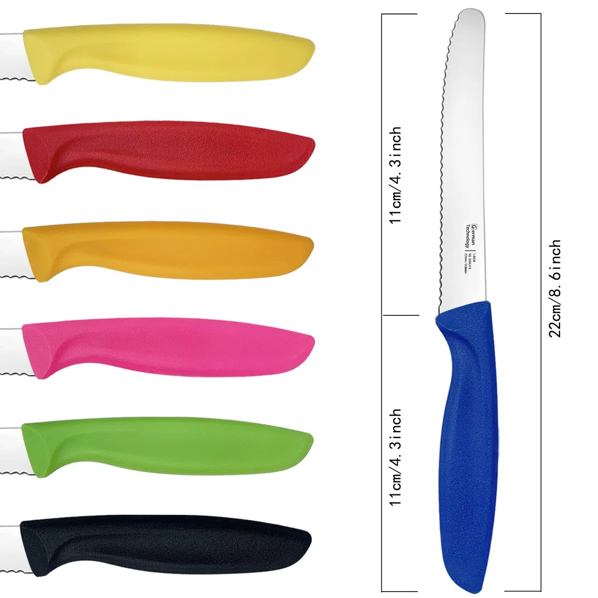 Frühstücksmesser Wellenschliff, Brötchenmesser, Tomatenmesser, Tafelmesser & Steakmesser 12-teilig, Universalmesser für Küche und Brotzeit, angespritzte Griffe, spülmaschinenfest(Mehrfarbig)