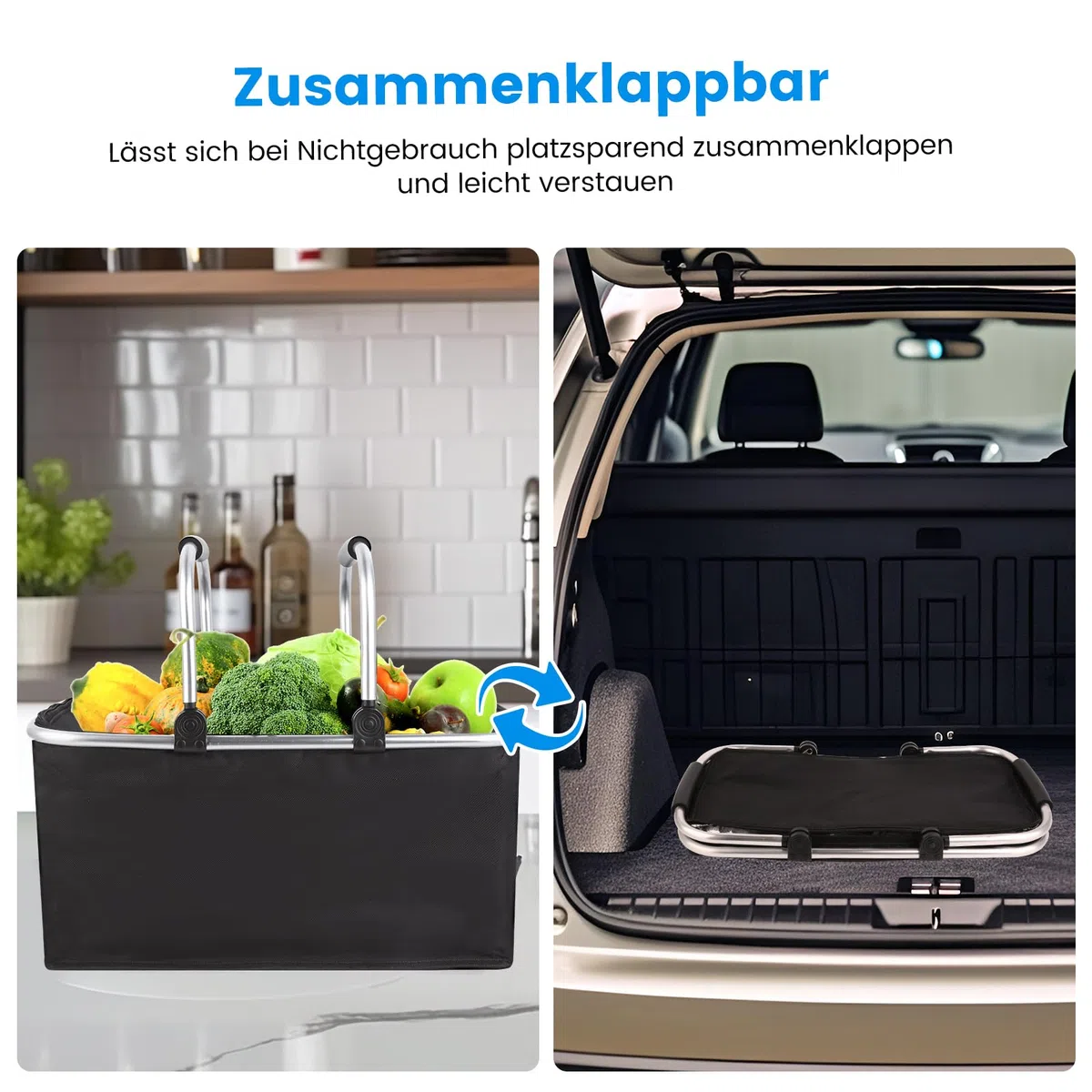 AOKLEY 30L Kühlkorb Einkaufskorb mit Deckel isoliert faltbar Picknickkorb | Isolierter Reißverschlussdeckel Alu Klapprahmen 2 Henkel faltbare Stützstange Picknick Kühltasche Thermo Kühlfunktion Schwarz