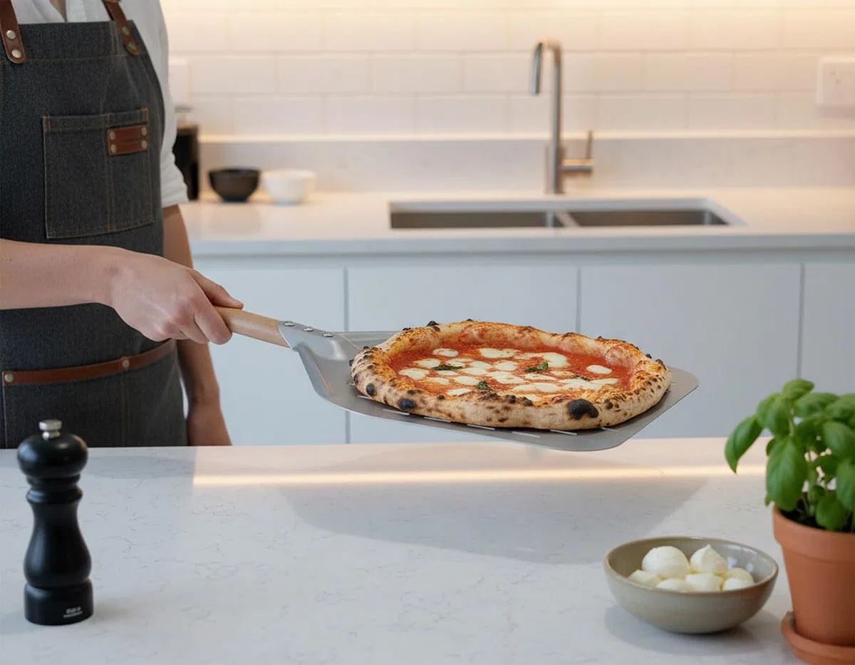 Pizzaheber: Perforierter Pizzaschieber mit Aluminium-Schaufel & Holzgriff, Ø 30 cm (Pizzaschieber Edelstahl, Hölzer, Backofen)