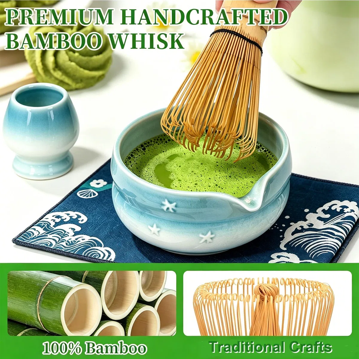 Matcha Set 8-Teiliges - Matcha Besen und Besenhalter, Matcha Schale mit Auslauf, Sieb, Löffel und Halter, Japanisches Matcha Tee Set für Matcha-Liebhaber-Blau