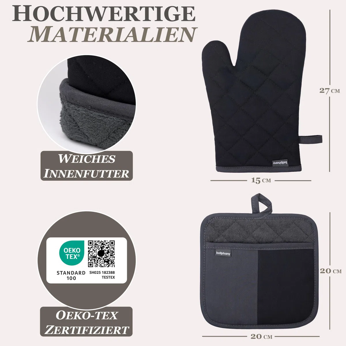 Bellphany Topflappen und Ofenhandschuhe Set - Topfhandschuhe zum Kochen & Backen, Backhandschuhe aus Baumwolle, hitzebeständig bis 250°C, Schwarz