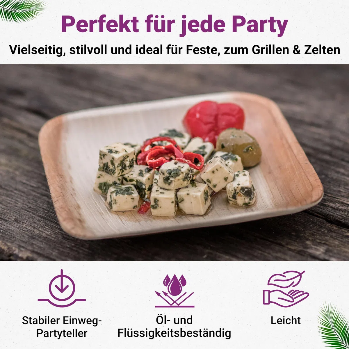 Bio Palmblattteller - 25 Einweg Teller klein eckig 15x15 cm - Premium Einweggeschirr kompostierbar - Umweltfreundliche Partyteller - Palmblatt Geschirr