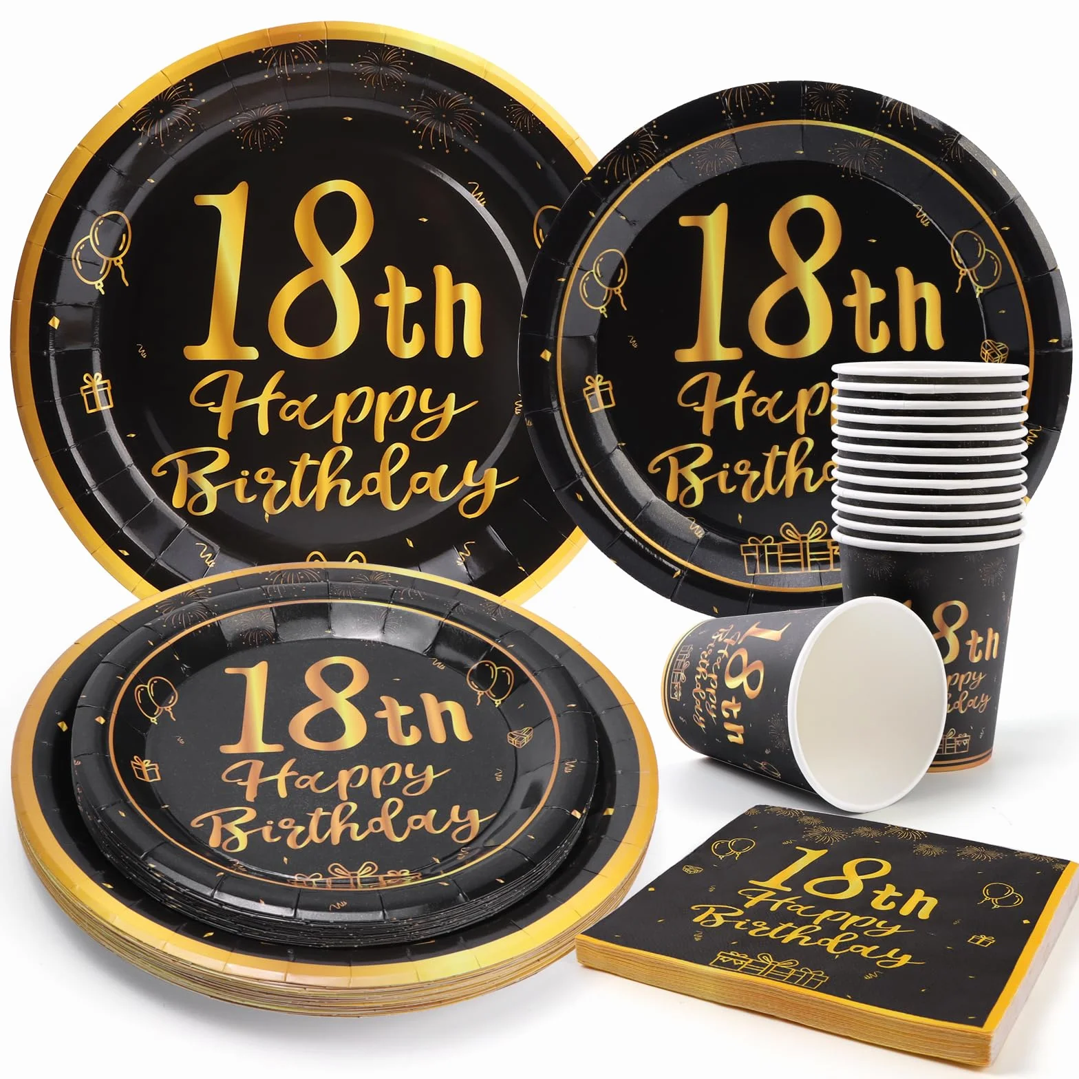 96 Stück Schwarz und Gold Geburtstag Party Geschirr Set für 24 Gäste - 18th Pappteller Set für Kinder Tischdekoration