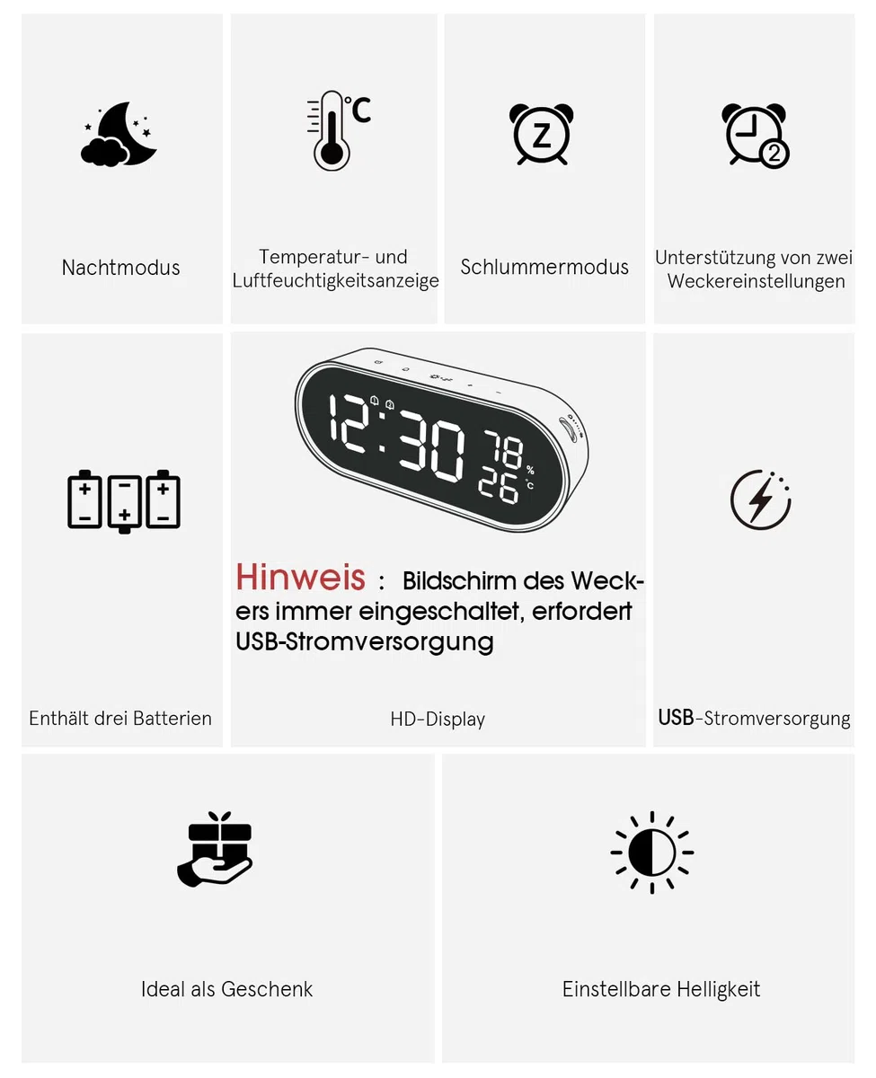 Digitaler Wecker mit LED Display, Touch Tasten, USB-Stromversorgung, Doppelalarm, Temperatur/Feuchtigkeitsanzeige, Helligkeitsregelung, Batteriebetrieben, Nachtlicht, Umweltdaten Beige