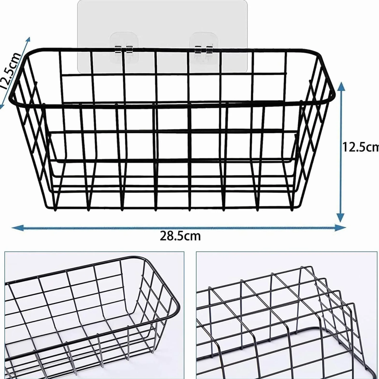 3 Stück Gitterkorb Schwarz, Drahtkorb Eckig Metallkorb Wand mit Klebehaken - 28.5 x 12.5 x 12.5 cm-Aufbewahrungskorb zum Aufhängen für Küche, Bad, Speisekammer, Büro