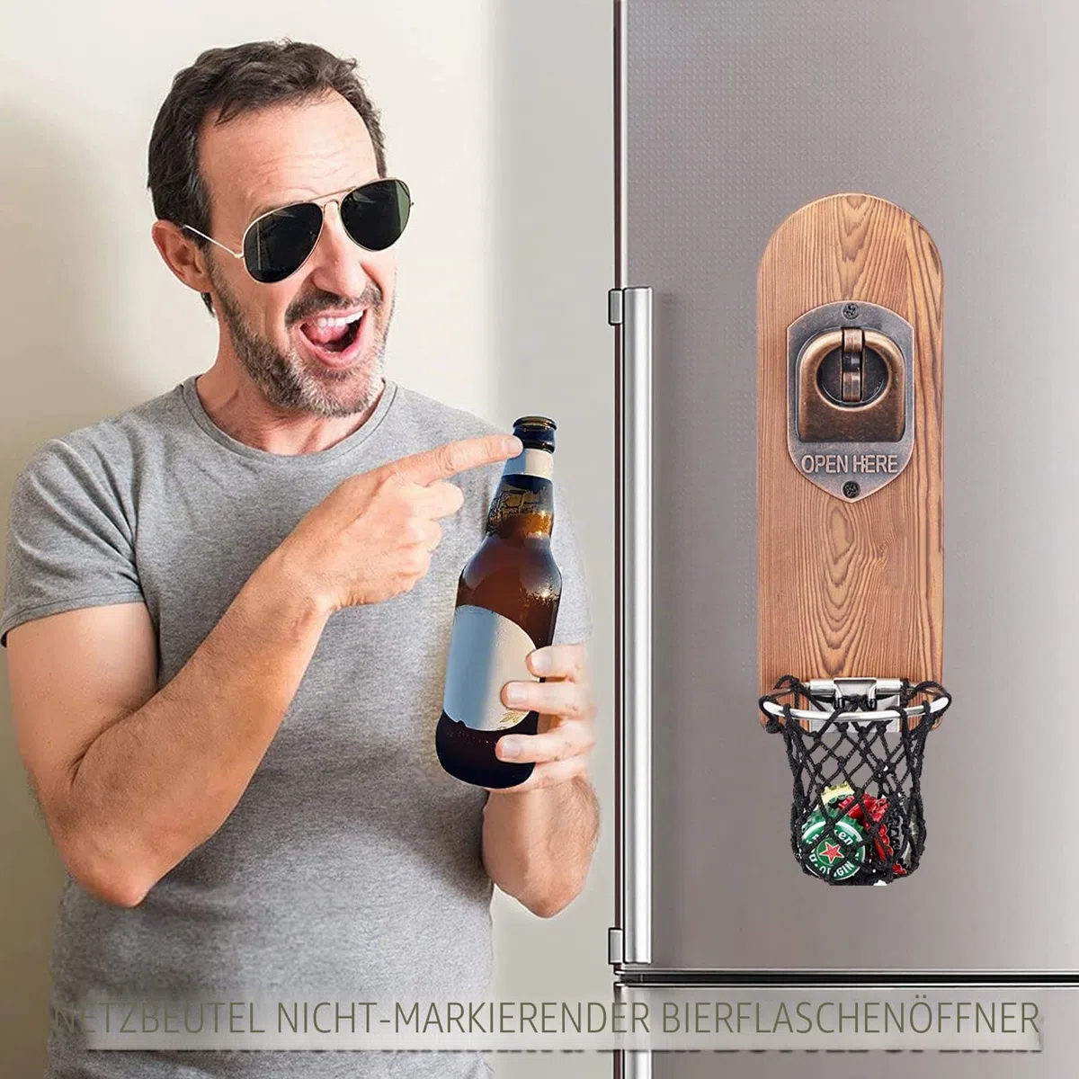 Bieröffner Wand mit Kronkorken Sammler, Magnetischer Flaschenöffner Wand, Wandflaschenöffner mit Auffangbehälter, Bier Geschenke für Männer, Papa, Ehemann, Bar Zubehör für Hause, Freien (Stil 3)