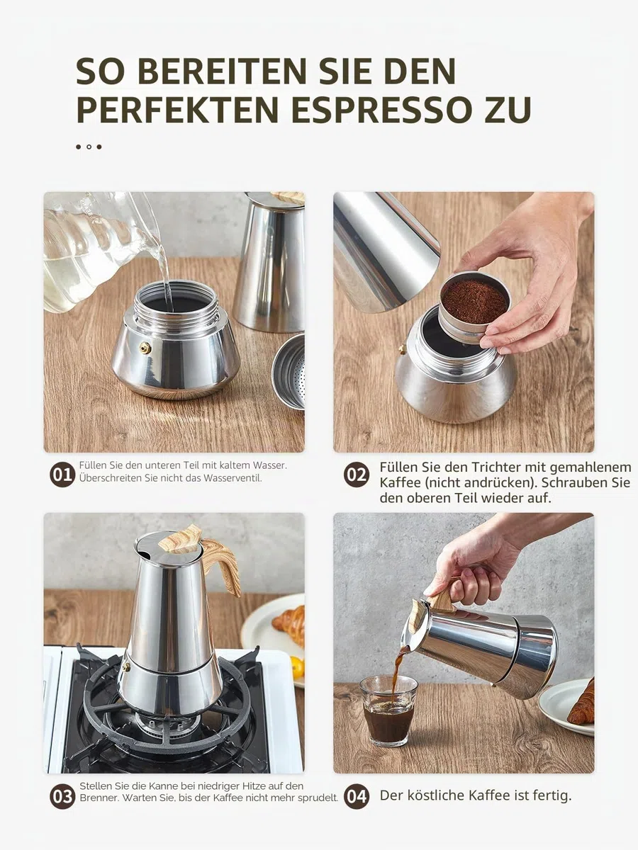 Yabano Mokkakanne, 6 Tassen Edelstahl Herd Espressokocher für Induktion, 350 ml italienische Kaffeemaschine für Gas- und Elektroherde, langlebige Espressokanne für Zuhause & Camping
