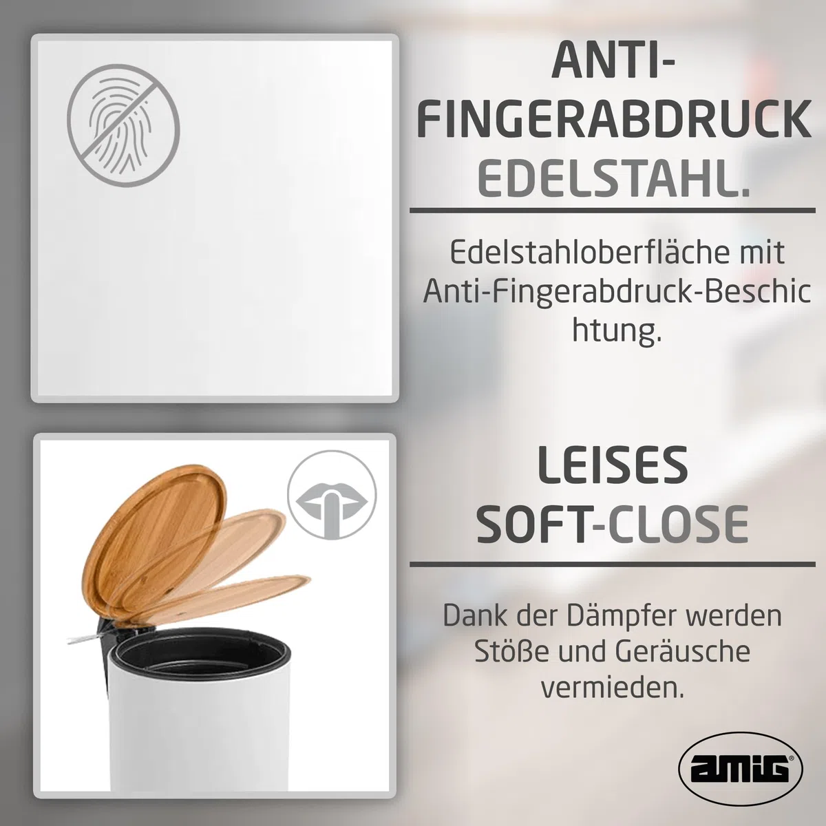 Amig - Kosmetikeimer mit Pedal 3L Naturline - Weiß und Bambus - Hygienische Öffnung - Ø16,8 x 23 cm - Lackierter Edelstahl - Runder Badeimer Mülleimer mit Deckel
