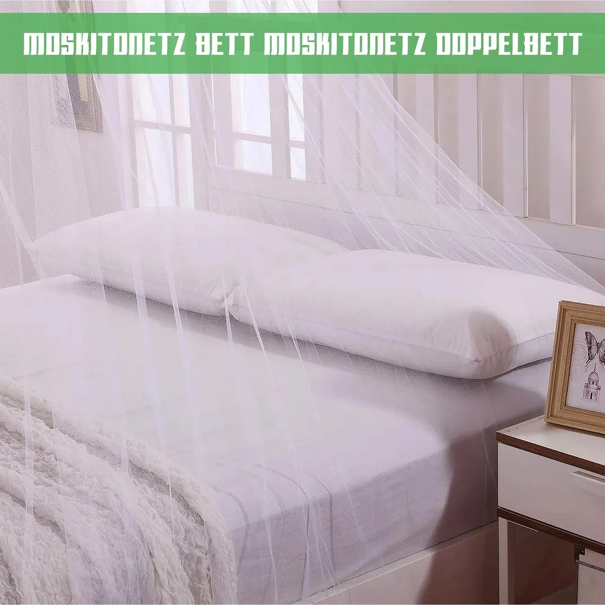 Moskitonetz Bett für Doppelbetten Einzelbett - Moskitonetz Feinmaschiges als Moskitoschutz, Moskitonetz mit Haken, Mückennetz Bett Geeignet Camping Reise und zu Hause, Fliegennetz Moskitonetze Weiß 2M