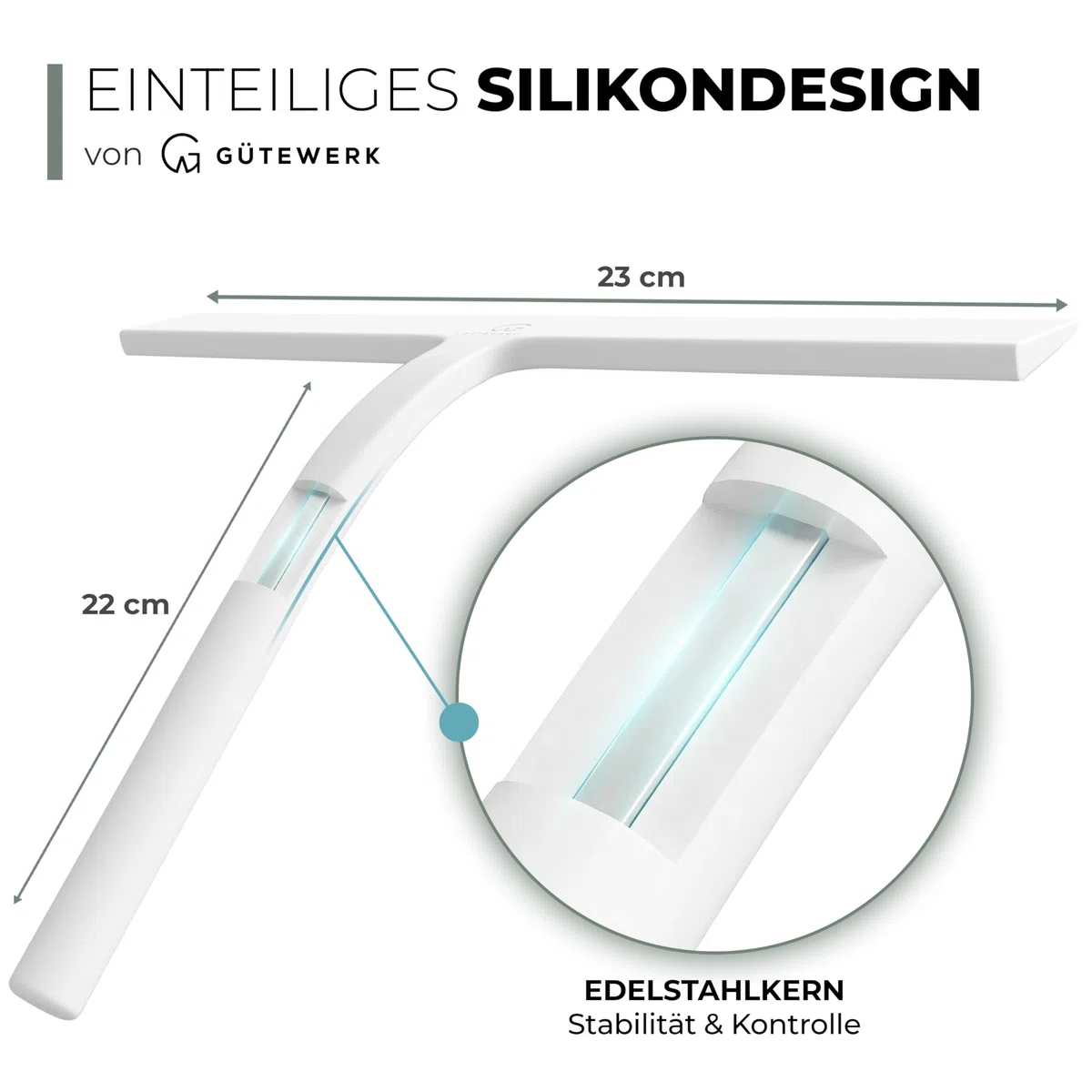 GÜTEWERK Duschabzieher Set mit Haken - weiß 23 cm - ohne Bohren breiter Silikon Abzieher Dusche Bad Badezimmer Fenster Edelstahl Fensterabzieher Scheibenabzieher breit Saugnapf halterung Badabzieher