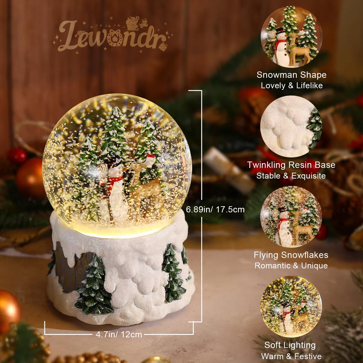 Lewondr Weihnachtliche Musikalische Schneekugel, Schneemann Rentier Elektrische Schneekugel Mit Wirbelnder Schneeflocke&8 Liedern, USB & Batterie Betrieben Weihnachtswasser Kugel Licht Für Dekoration