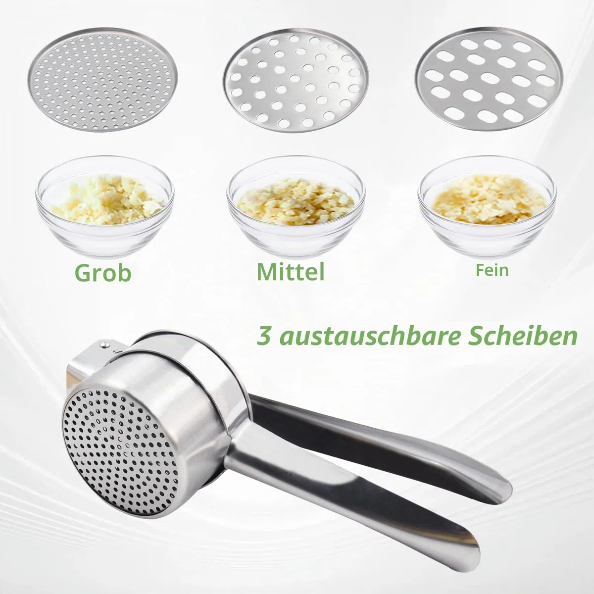 Kartoffelpresse aus Edelstahl, Spätzlepresse Kartoffelstampfer Set für Kartoffelpüree, Obstsäfte, Gemüsebrei, mit 3 Lochscheiben (Fein/Mittel/Grob), Spülmaschinenfest, Länge 27cm