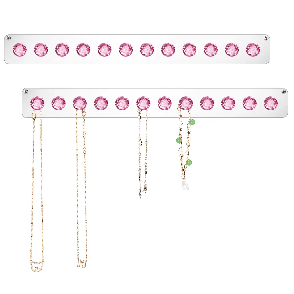 Halsketten-Aufhänger Acryl-Halskettenhalter Wandmontage Schmuck-Organizer mit 12 Diamant Form Haken für Halsketten, Armbänder, Ketten, Ohrringe, 2 Stück (Rosa)