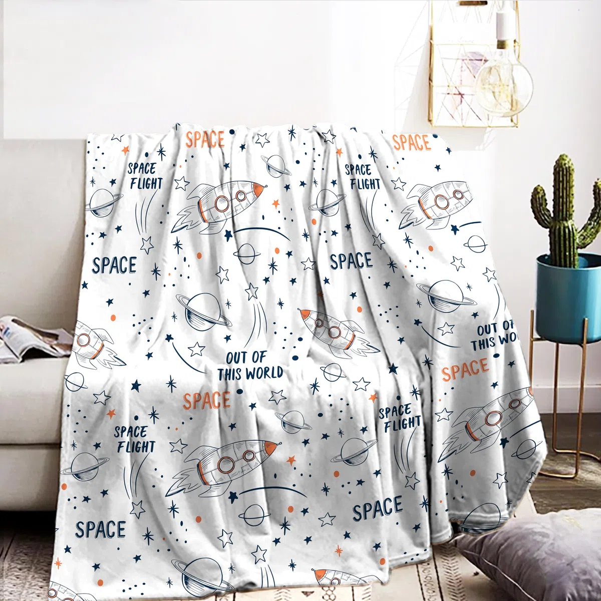 Rakete Decke 130x150cm Weltraum Rakete Wohndecke Cartoon Kuscheldecke,weiche Sofadecke für Kinderzimmer, perfekt als Kinder-Sofadecke für Jungen & gemütliche Wohndecke (B, 130x150cm)