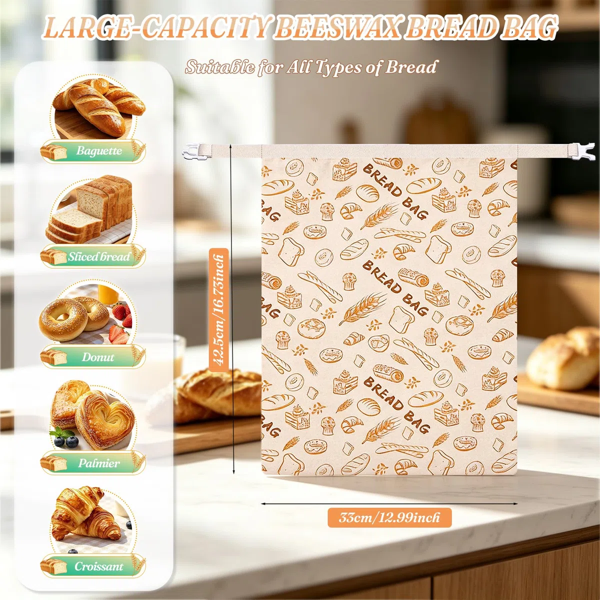 2 Stück Bienenwachs Brotbeutel Leinen, Wiederverwendbare Brotsack mit Tragegurten, Leinenbeutel für Brot, Brotbeutel Aufbewahrung Frischhalten, zum Aufbewahren von Brot, Baguettes, Gemüse und Obst
