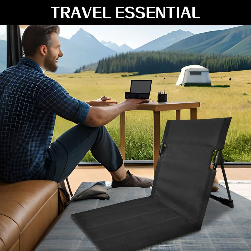 Strandmatte mit Rückenlehne, Bodenstuhl Gefaltetes Sitzkissen mit Tasche, Strandliege Klappbar Leicht Verstellbare, Tragbar Strandmatte Klappbar für Garten Camping Picknick Strand (Schwarz)