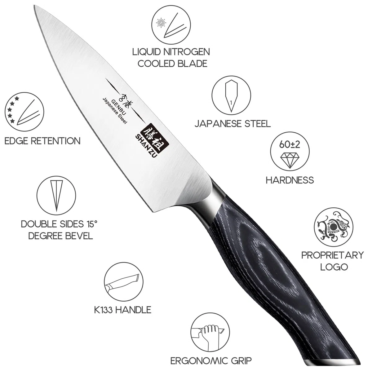 SHAN ZU Schälmesser Obstmesser Gemüsemesser Scharfe Profi Kochmesser Küchemesser Messer Klein aus Hochwertigem Carbon Edelstahl Spickmesser 9.5CM mit K133 Holzgriff- GENBU Series