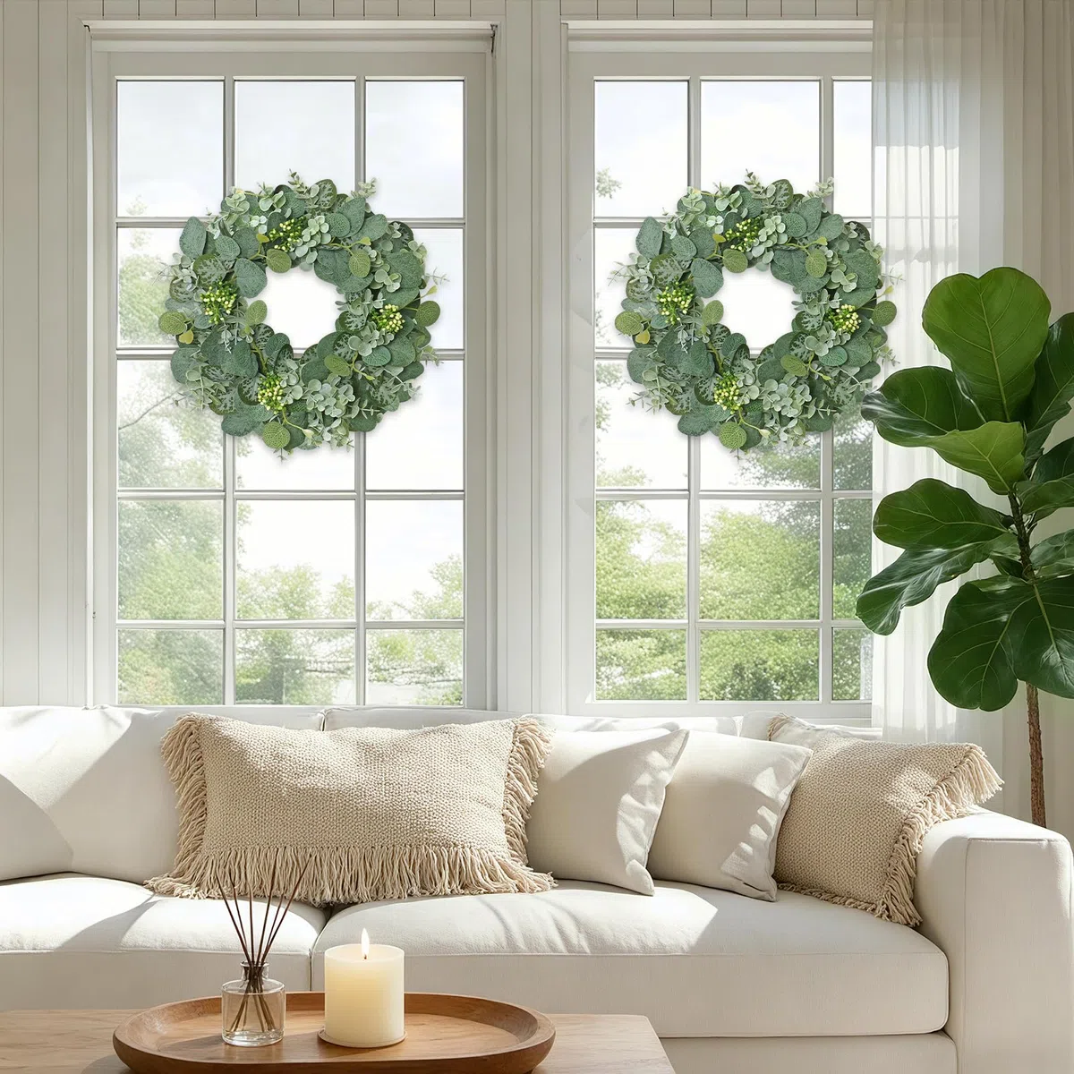 Kranz für Haustür 30cm Künstliche Eukalyptus Türkranz Frühlings Sommer Deko Grünkranz mit Beeren Grüner Blatt Willkommen Kränze Türkranz Ganzjährig für Wände Fenster Bauernhaus Türdekoration
