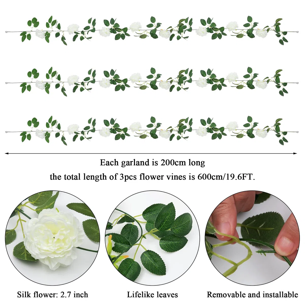 SHACOS Künstliche Blumen, 3 Stück, 6 m / 19,6 Füße, Weiß, künstliche Pfingstrose, Seidengirlande, zum Aufhängen, für Dekoration von Hochzeit, Party, Garten