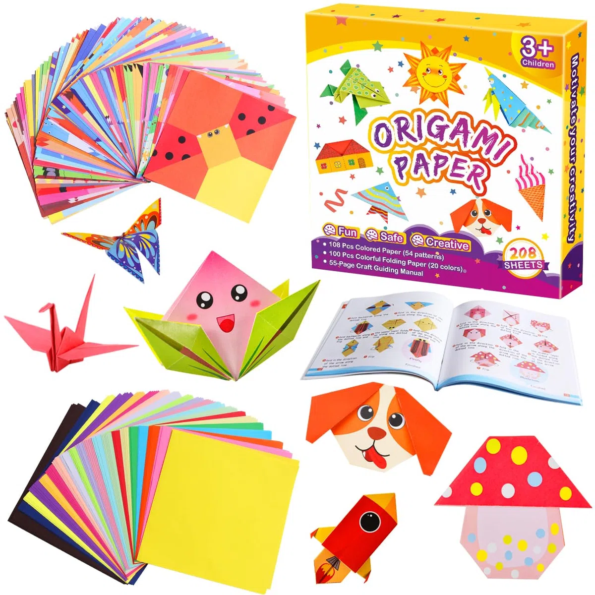 Pigipigi Kids Origami Papier Set für Kinder, 208 Blatt mit 54 verschiedenen Motiven und Bastelanleitung, Kreatives Bastelmaterial für Mädchen und Jungen ab 4 Jahren (Tiere)