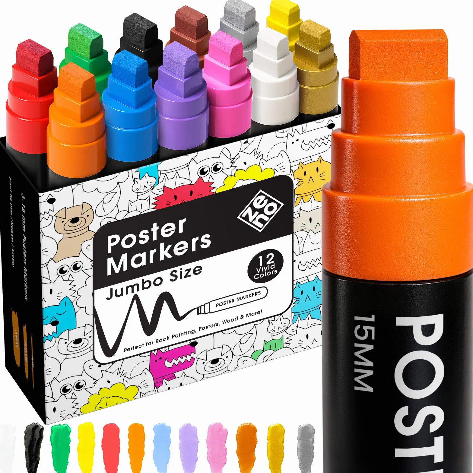 ZENO Jumbo Acrylmarker – 12 Farben, 3-in-1 Chisel-Spitze (15 mm), Wasserfeste Marker für Kinder & Künstler, Dicke Acrylstifte für Poster, Holz, Stoff, Glas, Stein & DIY
