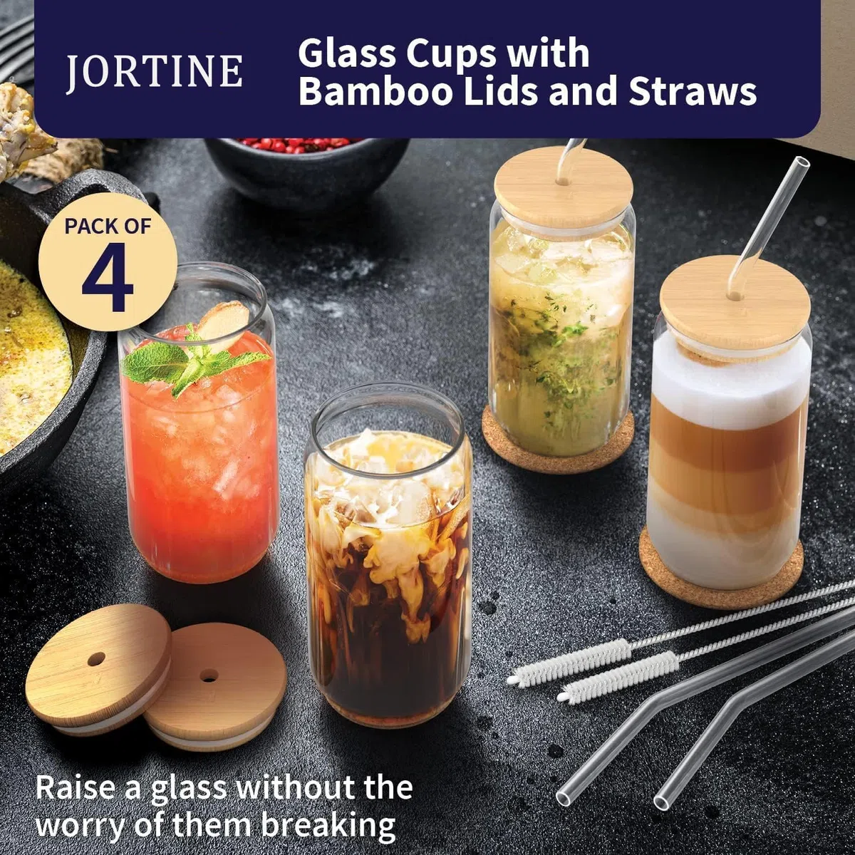 4er Set Glas mit Deckel und Strohhalm, 500ml Trinkgläser mit Deckel, Cocktailgläser Glasbecher,Iced Coffee Glas,Trinkbecher,Ideal für Cappuccino,Eiskaffee,Smoothie,Latte,Limonaden,Geschenk
