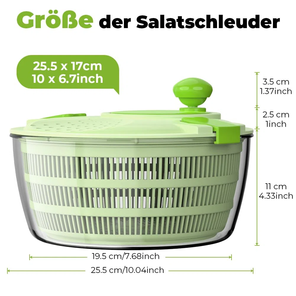 Salatschleuder mit Deckel, Hochwertige Kunststoff, BPA-frei, Salatschleudern mit Kurbelantrieb und 4,5L Salatschüssel und Masche, Wäscht und trocknet Salat, Gemüse und Obst