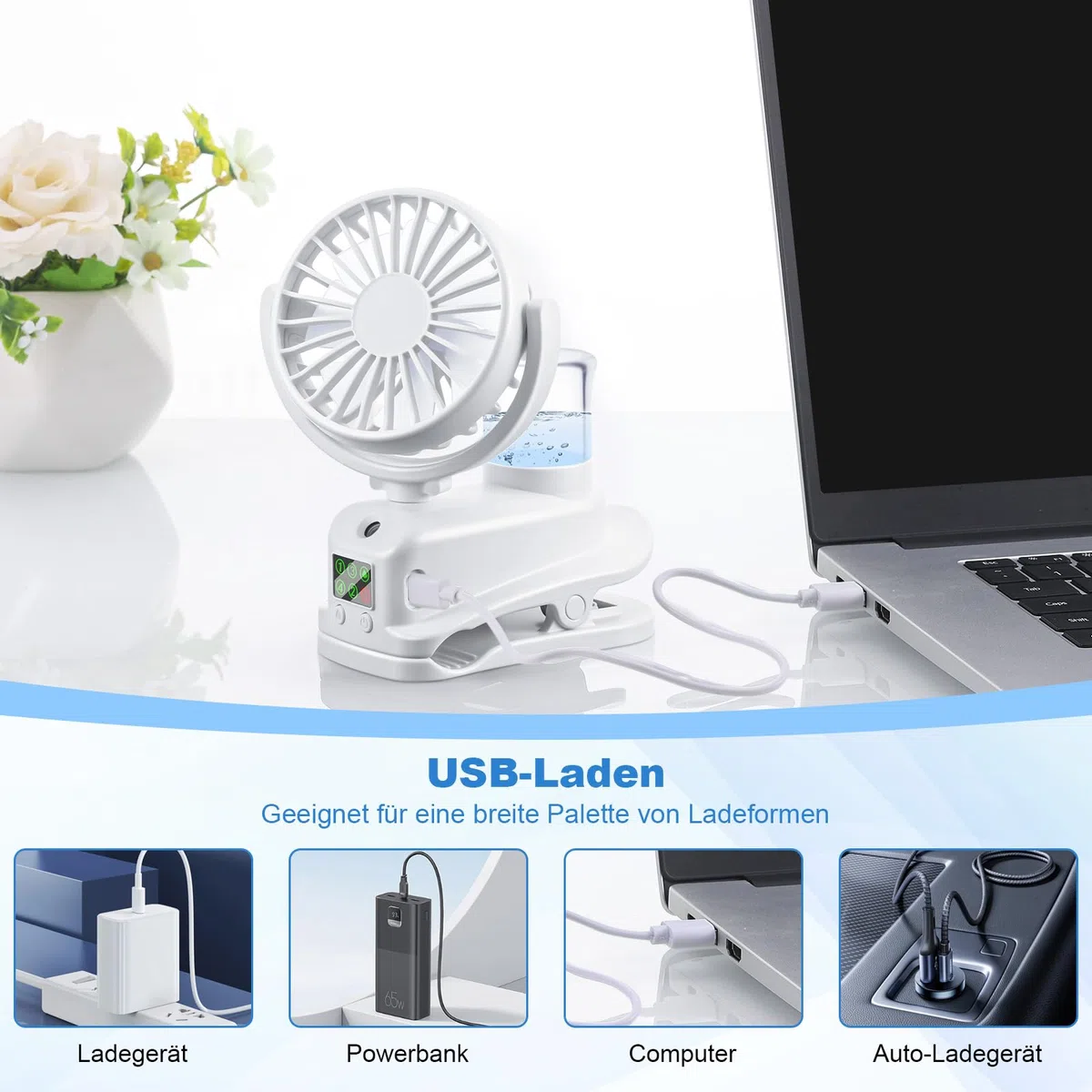 JIZZU USB Ventilator mit Wassernebel, 4 Geschwindigkeiten Wind Tischventilator mit Clip, Mini Ventilator, Verstellbare Tischventilatoren mit LED-Anzeige, Desktop Persönlichen Fans für Büro (Weiß)