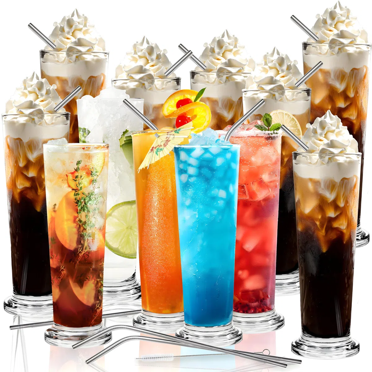 12 Stück 500ml Longdrinkgläser - Eiskaffee- & Cocktailgläser mit Zubehör