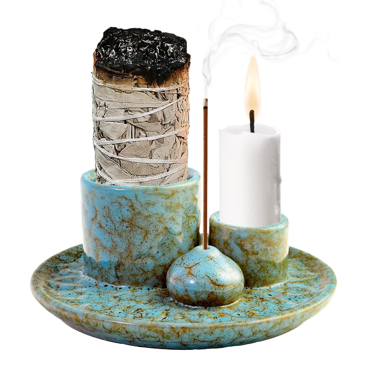 4-In-1 Keramik Räucherschale, Räucherstäbchenhalter für jedes Räucherwerk, Palo Santo, Weißer Salbei & Kerzen | Ideal für Home Decor, Meditation & Yoga (Blau)