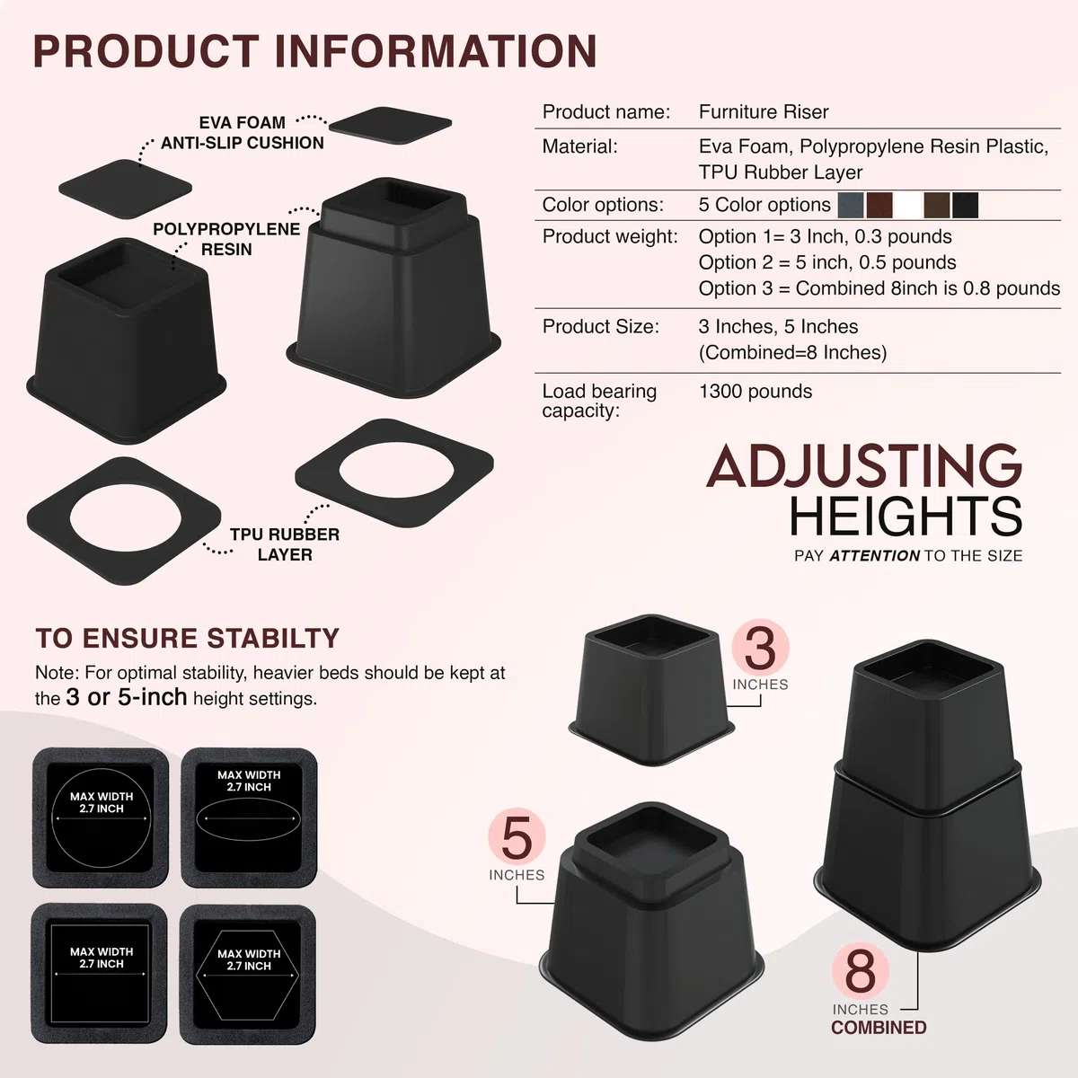 Utopia Bedding 8 Stück Hochwertige verstellbare Möbelerhöher (4 hoch und 4 kurz) - Starke platzsparende Steigleitung - Betthöher, Tischerhöher, Stuhlerhöher, Sofaerhöher (7 bis 20cm)- (Schwarz)