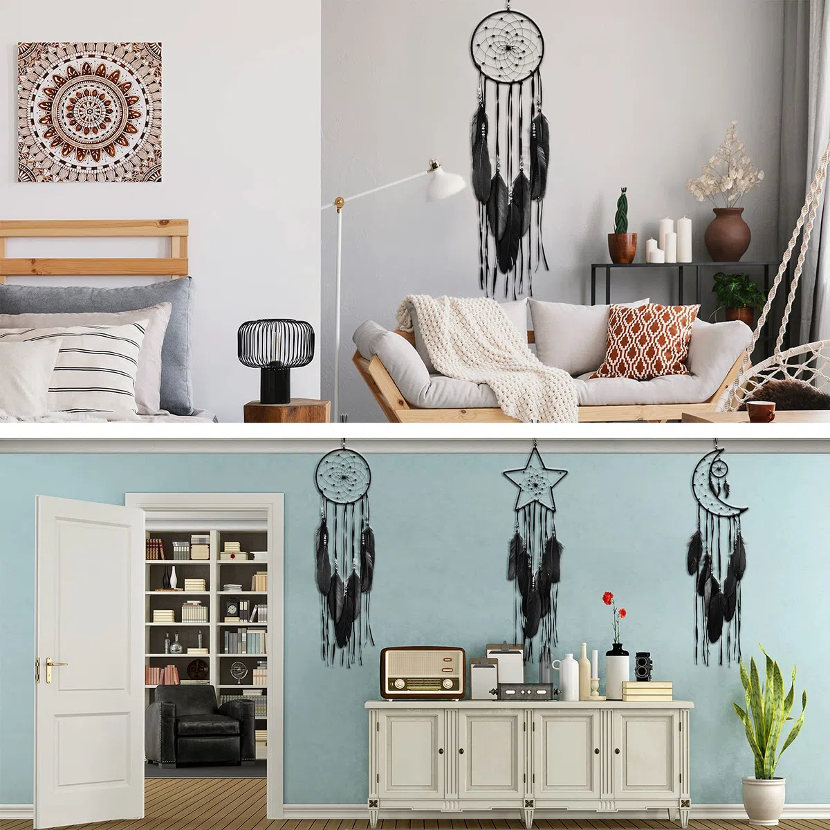 Jetec 3 Stück Traumfänger Mond Sonnen Stern Design Gross Traumfänger Handgefertigt Dream Catchers für Wand Kunst Hängend Deko für Schlafzimmer Drinnen Intdoor Outdoor(Schwarz)