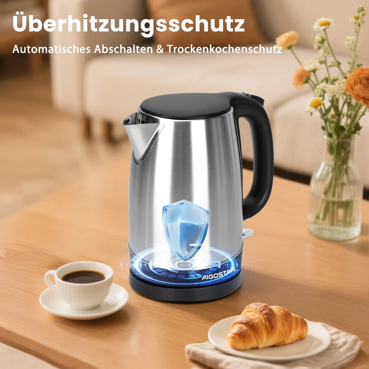 Aigostar Wasserkocher Edelstahl 1,7 L, 2200W Elektrischer Wasserkocher mit Kalkfilter, Kabellos, Abschaltautomatik, ideal für Tee, Kaffee, Babynahrung, BPA-Frei, Schwarz