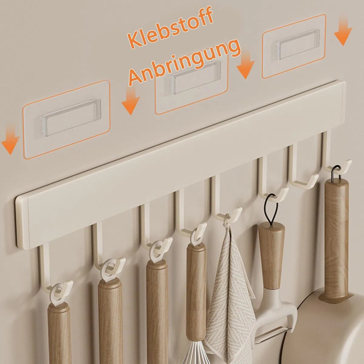 Hakenleiste Küche, 50 cm Hängestange Selbstklebend, Küchenstange mit 10 Beweglichen Haken, Küchenreling aus Aluminium Ohne Bohren, Hängeleiste für Löffel, Schaufel, Küchenutensilien