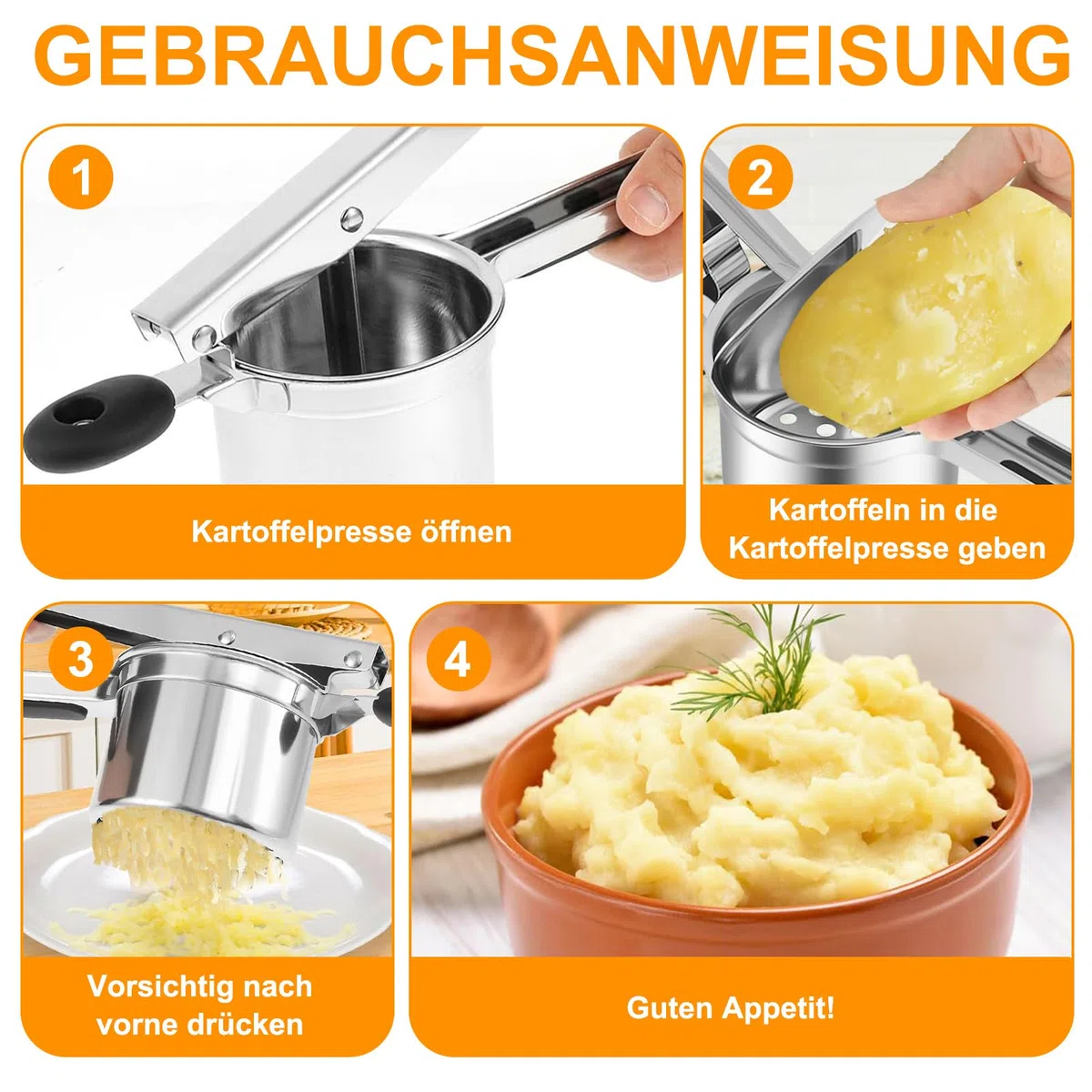 Kartoffelstampfer Edelstahl, Kartoffelpresse mit 4 Auswechselbaren Schneidplatten 3 Zubehörteile, zur Herstellung von Kartoffelpüree, Gemüsepürees, Säften Gemüsepressen, Spätzlepresse, Spülmaschine