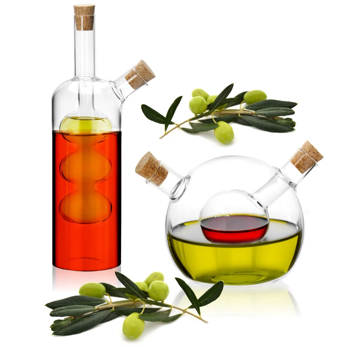 2-teiliges Ölspender Set - 2 in 1 Essig- und Ölflasche mit Korken - Glasbehälter zum Befüllen - Glasflaschen mit Einsatz und 2 Öffnungen - Glaskaraffen