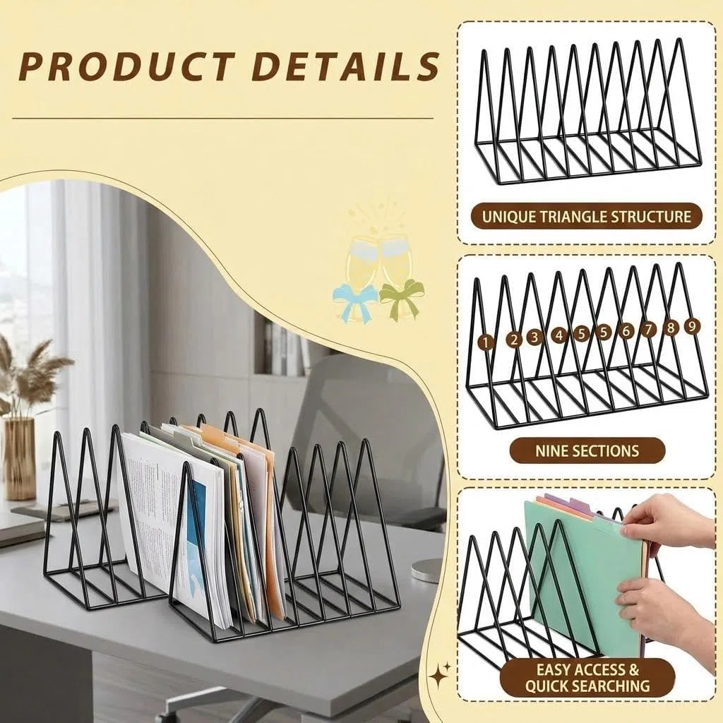Schallplattenständer 2er Set, Buchstützen Metall 9 Fächer Dreieck, Zeitschriftenhalter Schwarz, Plattenständer Vinyl Halter, Magazinhalter Zeitschriftenständer Büro