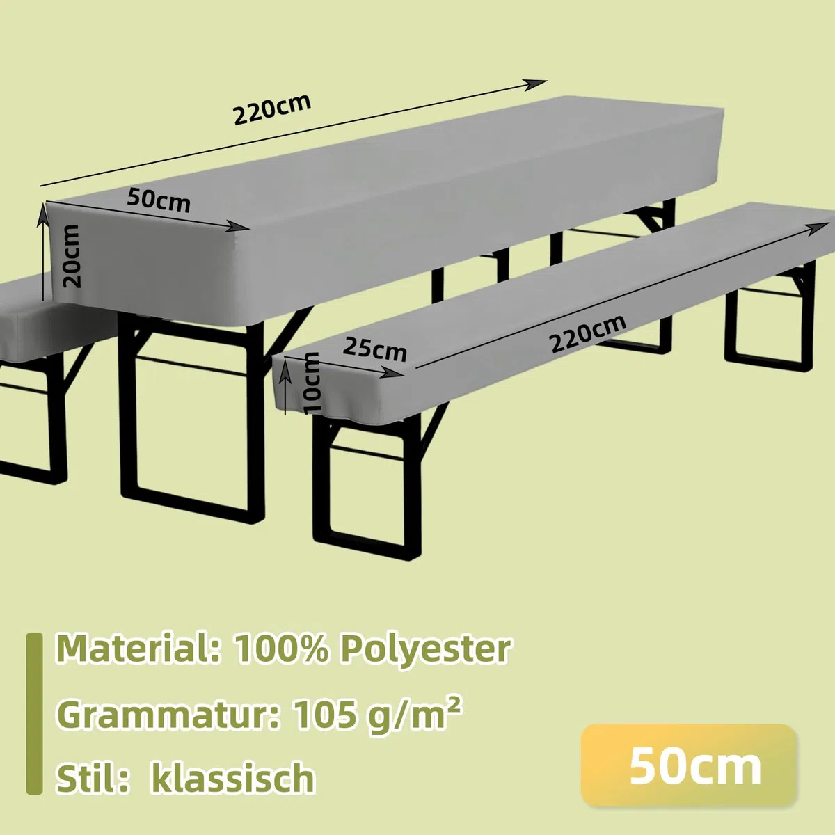 3-teilige Bierzeltgarnitur Auflage, Enthält 2 Bierbank Hussen und 1 Biertisch Husse aus Polyestermaterial, Waschbar und Fixierbar Bierzeltgarnitur Hussen, für Bankette im Freien（Grau, 220x50cm）