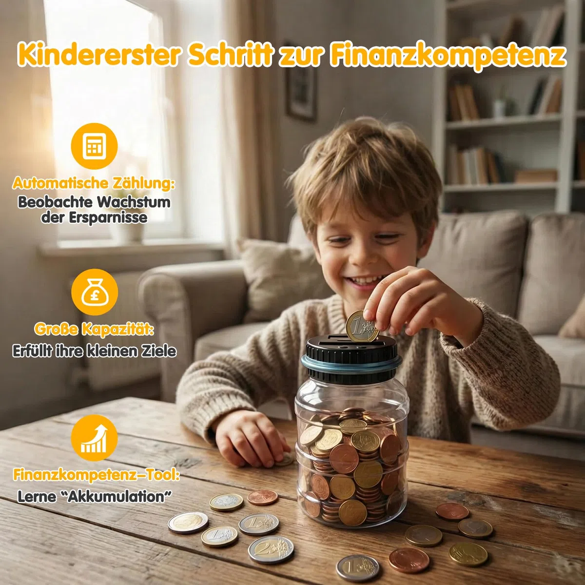 Pup Go Digitale Spardose mit Zähler, 1.8L Münzzähler Groß mit LCD Display, Sparschwein Personalisiert für Kinder Jungen Mädchen und Erwachsene, Durchsichtig Elektrische Sparbüchse Zählwerk XXL